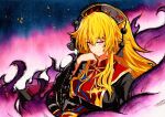  1girl blonde_hair chinese_clothes crescent fox_tail junko_(touhou) long_hair multiple_tails orange_hair qqqrinkappp red_eyes solo tabard tail touhou traditional_media 