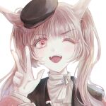  1girl animal_ears arm_up bangs blinking blunt_bangs brown_eyes brown_hair cat_ears eyebrows_visible_through_hair fangs frills hat long_hair long_sleeves looking_at_viewer one_eye_closed open_mouth original san_spring sidelocks solo sparkle twintails upper_body v white_background 
