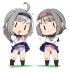  2girls :3 bangs black_legwear blue_hairband blue_sailor_collar blue_skirt bow bow_panties crossed_arms fairy_(kancolle) grey_hair hairband kantai_collection kneehighs long_hair long_sleeves multiple_girls nassukun neckerchief open_mouth panties pink_panties pleated_skirt red_hairband sailor_collar school_uniform serafuku short_hair simple_background skirt sparkle standing striped striped_panties thumbs_up underwear yellow_neckwear 