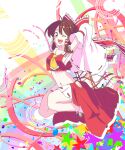  1girl bangs bow detached_sleeves eyebrows_visible_through_hair flying hair_between_eyes hair_ornament hair_tubes hakurei_reimu highres long_sleeves looking_at_viewer open_mouth red_bow shirt skirt smile solo sunyup touhou white_sleeves wide_sleeves 