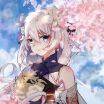  1girl 97552153 bangs bare_shoulders blue_eyes blue_flower blue_sky cherry_blossoms china_dress chinese_clothes closed_mouth clouds dress earrings flower hair_between_eyes hair_flower hair_ornament hand_fan highres holding holding_fan honkai_(series) honkai_impact_3rd jewelry long_hair looking_at_viewer outdoors petals sky sleeveless solo theresa_apocalypse theresa_apocalypse_(starlit_astrologos) white_flower white_hair zhuge_kongming_(honkai_impact) 
