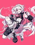  1girl :d absurdres bangs black_footwear black_gloves black_hairband black_shirt black_shorts boots bow elsword eternity_winner_(elsword) gloves hair_bun hairband highres jacket jacket_on_shoulders laby_(elsword) long_hair looking_at_viewer pink_background pink_bow pink_eyes pohao punching sharp_teeth shirt shorts sidelocks smile solo sparkle teeth thigh_strap very_long_hair white_hair white_jacket 