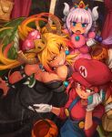  3girls armlet black_dress bowsette bowsette_(cosplay) bracelet breasts cosplay crown dragon_horns dress glasses halloween halloween_costume hat highres horns jack-o&#039;-lantern jewelry kanna_kamui khyle. kobayashi-san_chi_no_maidragon kobayashi_(maidragon) large_breasts looking_at_viewer mario mario_(cosplay) mini_crown multiple_girls overalls pink_dress princess_peach princess_peach_(cosplay) red_headwear smile spiked_armlet spiked_bracelet spikes super_crown super_mario_bros. tohru_(maidragon) 