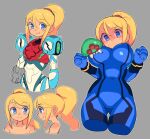  arm_cannon ass_visible_through_thighs blonde_hair blue_eyes bodysuit breast_biting covered_navel covered_nipples cropped_legs grey_background metroid metroid_(creature) metroid_dread ponytail power_suit samus_aran simple_background slammo smile thigh_gap weapon zero_suit 