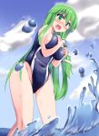  1girl black_swimsuit blue_eyes blue_sky blush breasts clouds commentary_request competition_swimsuit cowboy_shot day from_below green_hair highres horizon kochiya_sanae large_breasts long_hair looking_at_viewer nose_blush one-piece_swimsuit outdoors sky solo splashing standing swimsuit touhou water waves wavy_mouth yasuu_(ezuw3737) 