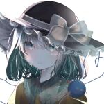  1girl amedama_ameme aqua_eyes artist_name bangs blush bow closed_mouth commentary_request eyebrows_behind_hair frilled_shirt_collar frills green_hair hair_between_eyes hat hat_bow heart heart_of_string highres komeiji_koishi lace_trim light_smile looking_at_viewer medium_hair see-through shirt simple_background solo third_eye touhou upper_body white_background yellow_shirt 