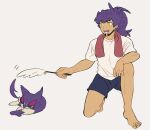  1boy alternate_costume barefoot black_shorts cat cat_teaser commentary_request dark-skinned_male dark_skin facial_hair highres holding kneeling leon_(pokemon) long_hair male_focus mobuchin pokemon pokemon_(creature) pokemon_(game) pokemon_swsh ponytail purple_hair purrloin shirt short_sleeves shorts smile t-shirt toes towel towel_around_neck white_background white_shirt yellow_eyes 