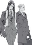  2boys briefcase coat fate_(series) formal frown gloves greyscale hair_slicked_back hands_in_pockets highres hya_(ohyaarin) kayneth_el-melloi_archibald long_hair lord_el-melloi_ii monochrome multiple_boys necktie overcoat suit symbol-only_commentary waver_velvet 