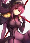  1girl armor bangs bodysuit breasts covered_navel fate/grand_order fate_(series) gae_bolg_(fate) hair_between_eyes highres kaze_minoru_so-ru large_breasts long_hair looking_at_viewer pauldrons polearm purple_bodysuit purple_hair red_eyes scathach_(fate) shoulder_armor solo spear thighs veil weapon 