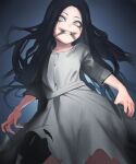  1girl 4066 black_hair child dress emilia_(pacify) facepaint floating_clothes floating_hair from_below ghost grey_dress horror_(theme) long_hair looking_at_viewer looking_down pacify teeth torn_clothes torn_dress white_eyes 