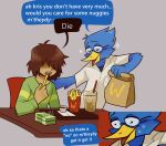  1boy 1other bag beak berdly_(deltarune) bird_boy comic cup deltarune english_text food french_fries grey_background ketchup kris_(deltarune) mcdonald&#039;s simple_background sitting speech_bubble unaloid 