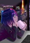  1girl a-chan_(hololive) black-framed_eyewear black_jacket black_shirt blue_bow blurry blurry_background bow building cityscape commentary_request cup depth_of_field glasses hair_bow highres holding holding_cup hololive indoors jacket keyboard_(computer) long_sleeves looking_away looking_to_the_side mug natsuki_(natukituki) night parted_lips purple_hair reflection shirt skyscraper solo violet_eyes window 