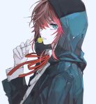  1boy amemura_ramuda blue_coat blue_eyes candy coat ebanoniwa food grey_background hair_over_one_eye hand_up holding holding_candy holding_food holding_lollipop hood hood_up hypnosis_mic lollipop looking_at_viewer male_focus neck_ribbon one_eye_covered parted_lips red_neckwear red_ribbon redhead ribbon shirt simple_background solo upper_body white_shirt 