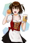  1girl absurdres alcohol beer beer_mug blush brown_eyes brown_hair cup dirndl eyebrows_visible_through_hair food fruit german_clothes hair_between_eyes highres holding kantai_collection lips looking_at_viewer medium_hair mug open_mouth orange_(fruit) sendai_(kancolle) solo symbol-only_commentary twitter_username two_side_up yoshizawa_tamae 