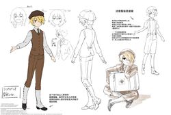  1boy absurdres alternate_costume anger_vein blonde_hair brown_choker brown_pants choker collarbone concept_art flat_cap from_behind hat head_only highres karaori kyoto_fantasy_troupe lafcadio_hearn looking_at_viewer maribel_hearn monochrome necktie one_eye_covered pants short_hair short_sleeves suitcase suspenders thumbs_up touhou translation_request tuxedo usami_renko 