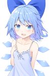  1girl alternate_costume arm_behind_back bangs blue_bow blue_eyes blue_hair blush bow breasts cirno commentary_request e.o. eyebrows_visible_through_hair fang hair_bow highres ice ice_wings lingerie looking_at_viewer negligee open_mouth shiny shiny_hair short_hair simple_background skin_fang small_breasts solo spaghetti_strap standing touhou underwear upper_body white_background wings 