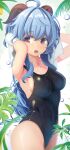  absurdres ahoge armpits arms_up bangs blue_hair breasts bubble competition_swimsuit curled_horns eyebrows_visible_through_hair ganyu_(genshin_impact) genshin_impact highres horns long_hair looking_to_the_side medium_breasts one-piece_swimsuit open_mouth sidelocks swimsuit takizawa_tarou towel violet_eyes 