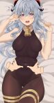  @_@ absurdres altruwishm bangs bed bed_sheet bell black_legwear blue_hair blush bodystocking breasts covered_navel curled_horns disembodied_limb embarrassed eyebrows_visible_through_hair ganyu_(genshin_impact) genshin_impact highres horns leotard leotard_under_clothes long_hair looking_at_viewer medium_breasts neck_bell no_gloves open_mouth sidelocks sleeveless sweatdrop thigh_gap thighlet torso_grab very_long_hair violet_eyes 