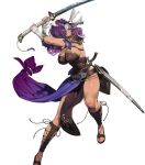  1girl armor bangs bare_shoulders belt breasts cozy dagger dark_skin dress elbow_gloves eyepatch fire_emblem fire_emblem:_mystery_of_the_emblem fire_emblem_heroes full_body gloves gold_trim highres holding holding_sword holding_weapon knife large_breasts leg_up long_hair looking_away malice_(fire_emblem) muscular muscular_female official_art parted_lips purple_hair red_eyes sheath shiny shiny_hair shiny_skin shoulder_armor solo strapless strapless_dress sword tan thighs toeless_footwear toes transparent_background weapon 
