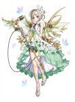  1girl bug butterfly dress fairy frilled_dress frills full_body gloves green_eyes highres hongsi mechanical_wings microphone microphone_stand original short_hair simple_background solo toes white_background wings 
