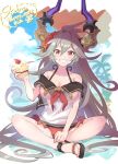  1girl artist_request breasts cake draph food granblue_fantasy grey_hair horns large_breasts long_hair red_eyes sandals sitting smile swimsuit threo_(granblue_fantasy) 