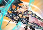  1girl asobeco bangs bare_shoulders black_panties body_markings breasts brown_eyes dragon_wings fairy_knight_lancelot_(fate) fate/grand_order fate_(series) flying highres horns long_hair orange_sky panties revealing_clothes sideboob sidelocks sky small_breasts tail thighs underwear weapon white_hair wings 