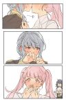  4girls blue_hair blush byleth_(fire_emblem) byleth_eisner_(female) commentary_request covering_eyes covering_mouth ears embarrassed eyebrows_visible_through_hair fire_emblem fire_emblem:_three_houses garreg_mach_monastery_uniform highres hilda_valentine_goneril kiss l_uyp lysithea_von_ordelia marianne_von_edmund multiple_girls pink_hair twintails uniform white_background yuri 