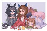  4girls ahoge alarm_clock animal_ears ball bangs bed black_hair blue_eyes book border bottle brown_hair character_request check_character clipboard clock commentary_request drooling eishin_flash_(umamusume) holding holding_clipboard horse_ears horse_girl horse_tail king_halo_(umamusume) kyuurisoda long_hair looking_at_viewer medium_hair mouth_drool multiple_girls open_mouth outside_border pajamas raised_eyebrows shoes sitting sleeping sparkle sweep_tosho_(umamusume) tail track_suit umamusume under_covers violet_eyes white_border 