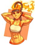  1girl abs absurdres arms_up dripping fiery_hair fire green_eyes highres midriff muscular muscular_female mykegreywolf orange_hair pointy_ears ponytail ring_(ring_fit_adventure) ring_fit_adventure ring_fit_trainee ring_fit_trainee_(female) shiny smile sweat tied_hair trembling upper_body 