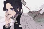  1girl :d black_hair black_jacket butterfly_hair_ornament ebanoniwa hair_bun hair_ornament hand_up jacket kimetsu_no_yaiba kochou_shinobu long_sleeves looking_at_viewer medium_hair sanpaku sidelocks smile solo upper_body violet_eyes 