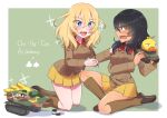  +_+ andou_(girls_und_panzer) arl-44 black_hair blonde_hair blue_eyes boots breast_pocket brown_eyes brown_footwear brown_jacket chi-hatan_military_uniform dark-skinned_female dark_skin english_text girls_und_panzer holding holding_paintbrush jacket knee_boots long_sleeves medium_hair messy_hair oshida_(girls_und_panzer) paintbrush pleated_skirt pocket s35 salt-apple skirt yellow_skirt 