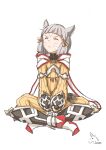  1girl absurdres animal_ears bangs blunt_bangs bodysuit cat_ears closed_eyes closed_mouth commentary_request facial_mark full_body gloves hair_ribbon highres indian_style ivent nia_(xenoblade) ribbon short_hair signature silver_hair simple_background sitting solo v-shaped_eyebrows white_background white_gloves xenoblade_chronicles_(series) xenoblade_chronicles_2 yellow_bodysuit 