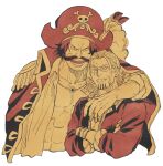  2boys arm_over_shoulder facial_hair glasses gol_d._roger hair_slicked_back hat male_focus monochrome multiple_boys mustache one_piece pirate_costume pirate_hat rrrhigemegane scar scar_across_eye scar_on_face silvers_rayleigh 