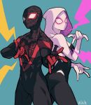 1girl ass ballet_slippers bodysuit breasts gwen_stacy highres hood looking_at_viewer marvel mask medium_breasts miles_morales silk simple_background skin_tight spider-gwen spider-man:_into_the_spider-verse spider-man_(miles_morales) spider-man_(series) spider_web spider_web_print superhero sushi_pizza_rrr 
