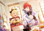  :d blonde_hair blue_eyes cake cake_slice chin_(re:zero) cup detached_sleeves eating fang felt_(re:zero) food food_on_face gloves happy_birthday highres indoors kan_(re:zero) kumuo_(mirakurufusao) open_mouth re:zero_kara_hajimeru_isekai_seikatsu red_eyes redhead reinhard_van_astrea ribbon smile teacup teapot ton_(re:zero) 