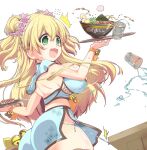  1girl ^^^ absurdres ass back bell blonde_hair blue_shirt blue_skirt bowl breasts double_bun falling food glass green_eyes hardboiled_egg highres holding holding_tray hololive huge_breasts jingle_bell long_hair midriff momosuzu_nene noodles open_mouth panties poruneko shirt side-tie_panties side_slit skirt solo sushi table tray underwear virtual_youtuber wavy_mouth white_background 