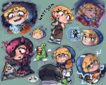  1boy 1girl ? absurdres animification apex_legends apron black_eyepatch black_hair black_jacket blue_sweater bodysuit brown_apron character_name chibi clip_studio_paint_(medium) clouds crypto_(apex_legends) cyber_punked_wattson electricity english_commentary eyepatch flower green_background highres hood hooded_jacket horns jacket kneeling looking_back loot_tick mechanical_arms nessie_(respawn) one_eye_covered open_mouth orange_jacket pants petting pink_hair pout scar scar_on_cheek scar_on_face scared short_hair single_mechanical_arm sleeping smile stuffed_toy sweater wattson_(apex_legends) white_bodysuit white_pants wiki_(juicykiwi) 