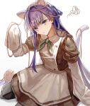  1girl animal_ears apron blue_eyes cat_ears dress fate/grand_order fate_(series) hair_ribbon highres long_hair meltryllis_(fate) pout purple_hair ribbon sleeves_past_fingers sleeves_past_wrists squiggle unacha waitress white_background yarn yarn_ball 