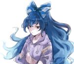  1girl asakura_noi bangs blue_bow blue_eyes blue_hair bow closed_mouth eyebrows_visible_through_hair grey_shirt grey_sleeves hair_between_eyes hood hoodie long_hair looking_at_viewer shirt short_sleeves simple_background solo touhou upper_body white_background yorigami_shion 