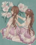  2girls absurdres aqua_background bare_shoulders bow brown_eyes brown_hair dress flower hair_bow hands_in_hair highres idolmaster idolmaster_shiny_colors kinakojojo kneeling long_hair looking_at_another multiple_girls oosaki_amana oosaki_tenka open_mouth pink_bow pink_dress pink_flower seiza siblings sisters sitting thigh-highs twins twintails white_legwear 