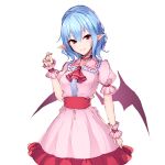  1girl absurdres ascot bangs bat_wings blue_hair breasts choker commentary dated_commentary dress frilled_choker frilled_shirt_collar frills hair_between_eyes highres junior27016 looking_at_viewer medium_breasts medium_hair pink_dress pointy_ears puffy_short_sleeves puffy_sleeves red_eyes red_neckwear remilia_scarlet short_sleeves simple_background sketch smile solo touhou wings wrist_cuffs 