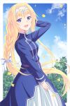  1girl :d alice_zuberg arm_behind_head bangs blonde_hair blue_dress blue_eyes blue_sky braid breasts clouds day dress e20 eyebrows_visible_through_hair ginkgo_leaf hair_between_eyes hair_intakes hand_up headpiece long_hair looking_at_viewer looking_to_the_side open_mouth single_braid sky small_breasts smile solo sword_art_online sword_art_online:_alicization very_long_hair 