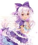  1girl :d blush bow dark_skin dress flower frilled_dress frills hair_bow holding holding_flower itadaki31 light_purple_hair long_hair looking_at_viewer mireille_lerner purple_bow purple_dress red_eyes shironeko_project short_sleeves simple_background smile solo twitter_username white_background white_wings wings 