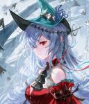  1girl abstract_background aqua_headwear arknights ascot bare_shoulders black_neckwear collar detached_collar dress from_side hat highres long_hair long_sleeves official_alternate_costume parted_lips red_collar red_dress red_eyes silver_hair skadi_(arknights) skadi_the_corrupting_heart_(arknights) solo spacelongcat upper_body white_background 