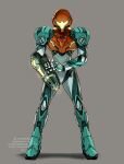  1girl arm_cannon armor bodysuit glowing highres looking_at_viewer metroid metroid_dread power_armor power_suit samus_aran science_fiction sidelocks simple_background solo tanaka_(is2_p) varia_suit weapon 