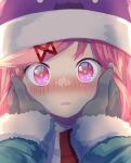  1girl animal_hat bangs black_gloves blush close-up commentary doki_doki_literature_club english_commentary eye_reflection face fur-trimmed_sleeves fur_trim gloves hair_ornament hairclip hands_on_another&#039;s_cheeks hands_on_another&#039;s_face hat imminent_kiss natsuki_(doki_doki_literature_club) nose_blush parted_lips pink_eyes pink_hair pov pov_hands reflection solo_focus swept_bangs takuyarawr 