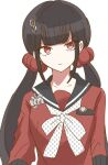  1girl bangs black_sailor_collar collarbone commentary_request danganronpa_(series) danganronpa_v3:_killing_harmony frown grey_background hair_ornament hair_scrunchie hairclip harukawa_maki long_hair long_sleeves mi_o_(ronpa02) mole mole_under_eye red_eyes red_scrunchie red_shirt sailor_collar scrunchie shirt simple_background solo star_(symbol) star_print twintails upper_body 