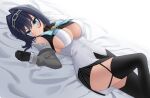  bed blue_eyes blue_hair breasts gloves highres hololive hololive_english large_breasts lying ouro_kronii thigh-highs 