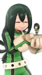  1girl 3d asui_tsuyu bangs belt black_eyes black_hair bodysuit boku_no_hero_academia character_doll closed_eyes commentary english_commentary frog_girl gloves greatm8 hair_rings hands_up highres hunched_over long_hair low-tied_long_hair nendoroid parted_bangs pointing pointing_at_self simple_background smile solid_circle_eyes solo source_filmmaker_(medium) tongue tongue_out upper_body white_background white_gloves 