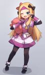  1girl abigail_williams_(fate) ainu_clothes bangs blue_eyes blush breasts cosplay fate/grand_order fate_(series) full_body gloves highres long_hair looking_at_viewer miya_(miyaruta) open_mouth parted_bangs sitonai_(fate) sitonai_(fate)_(cosplay) smile 